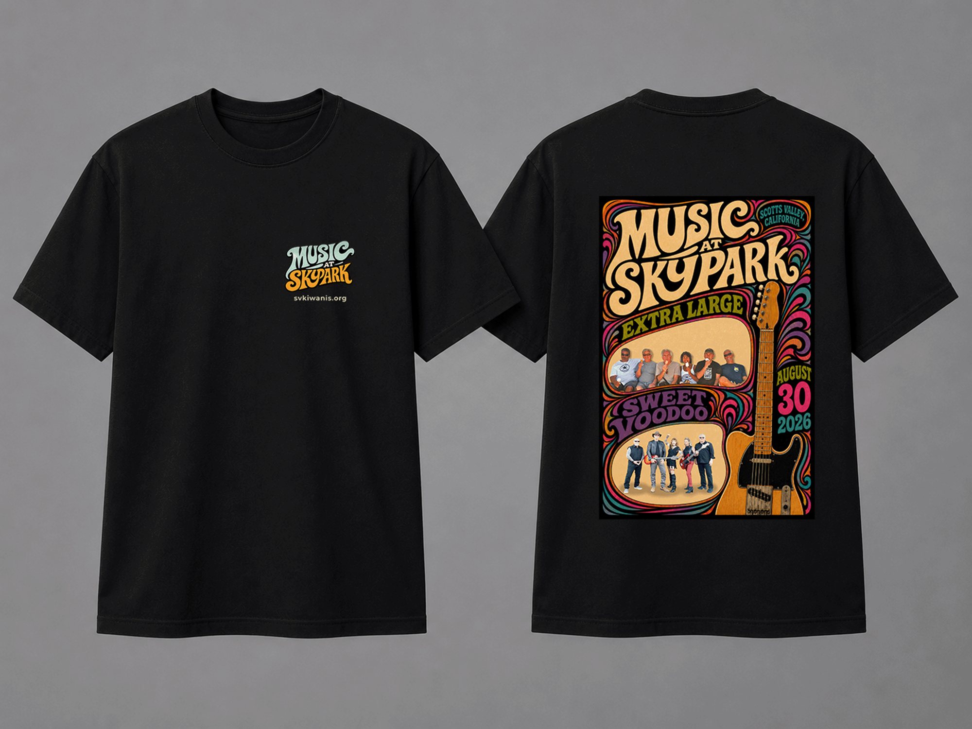 The Music at Skypark T-shirt, front and back. The front carries a small Music at Sky Park logo above svkiwanis.org; the back carries the full event poster with Extra Large, Sweet Voodoo and the date.